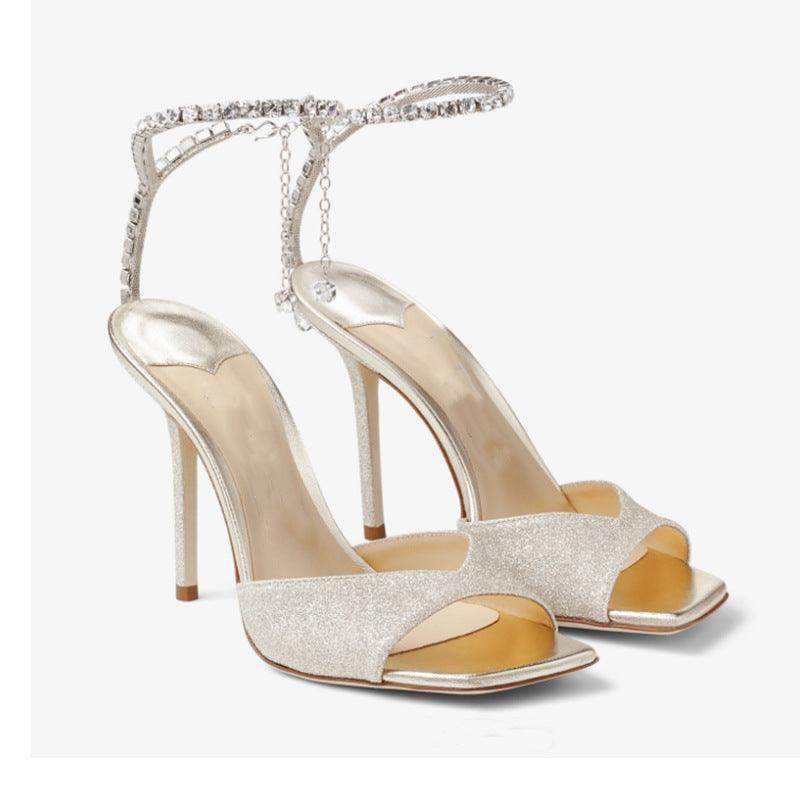 Glitter and Rhinestone Ankle Strap Square Stiletto Heels 695399992506 - COCOMELODY